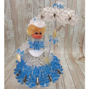 Vintage Blue Southern Bell Bead Safety Pin Parasol Figurine Size 4.5"